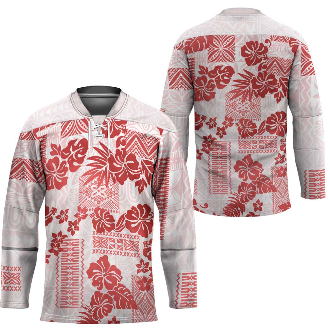 Vintage Hawaii Hockey Jersey Hibiscus Tapa Tribal With Hawaiian Quilt Pattern Red - Polynesian Pride