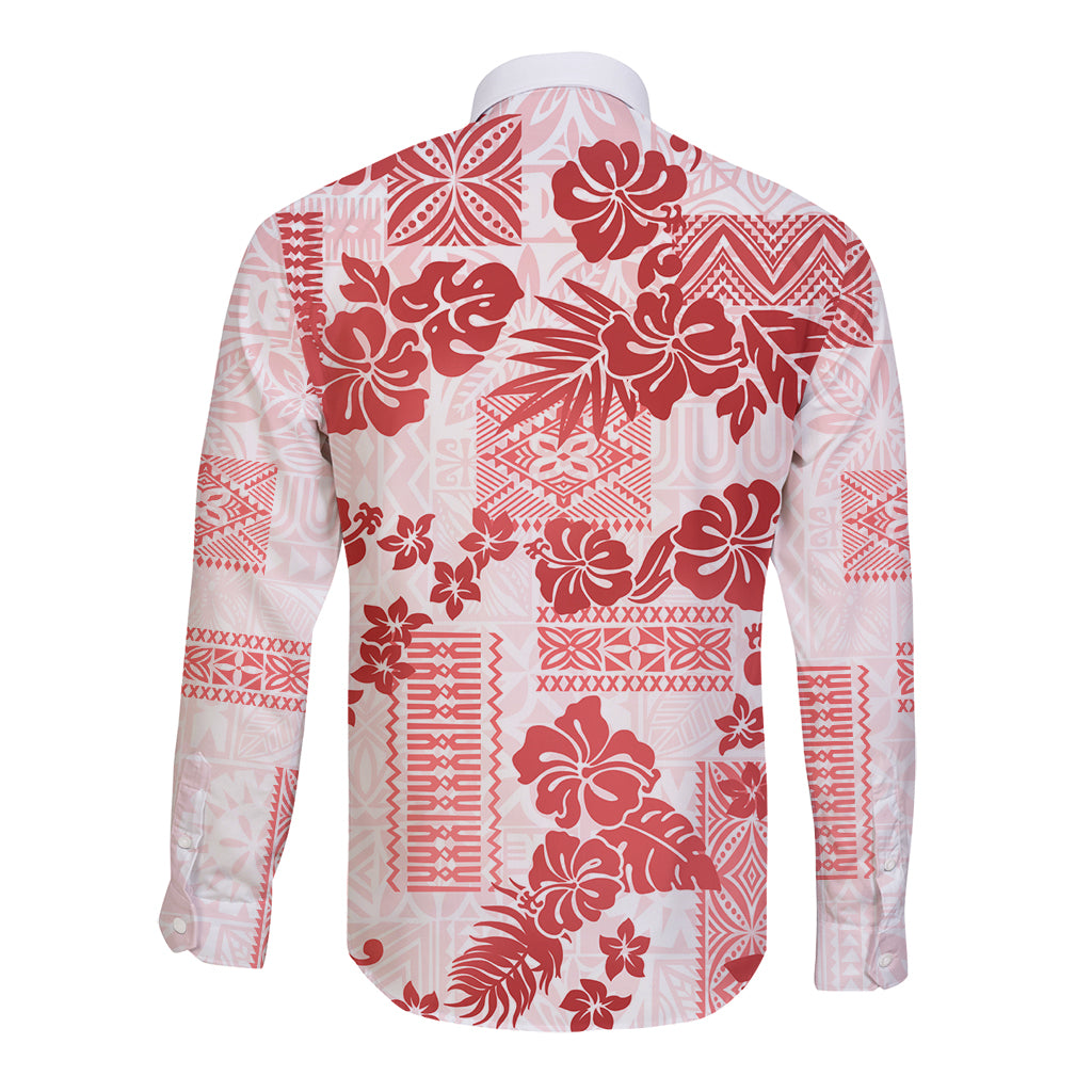 Vintage Hawaii Long Sleeve Button Shirt Hibiscus Tapa Tribal With Hawaiian Quilt Pattern Red LT9 - Polynesian Pride
