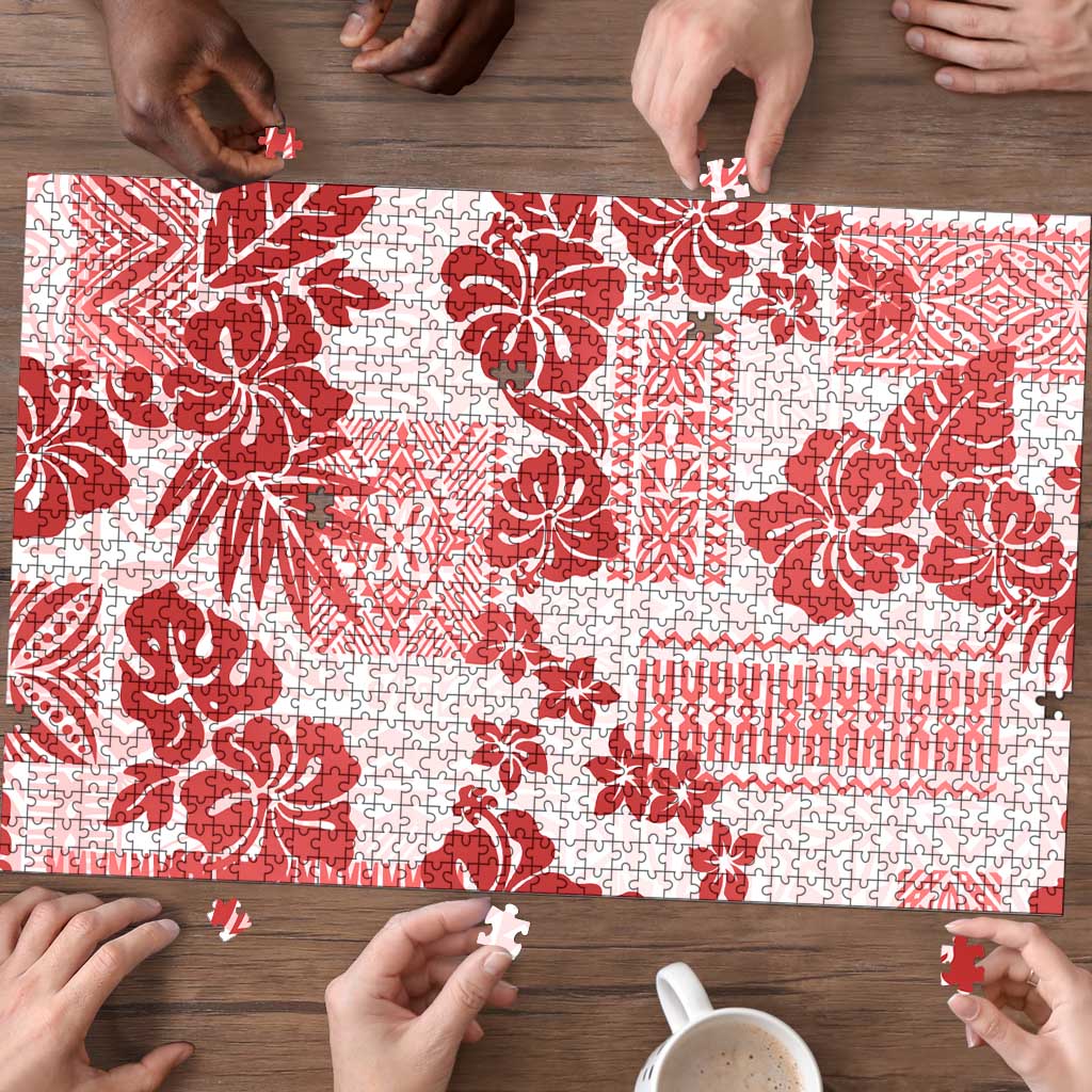 Vintage Hawaii Puzzle Hibiscus Tapa Tribal With Hawaiian Quilt Pattern Red - Polynesian Pride