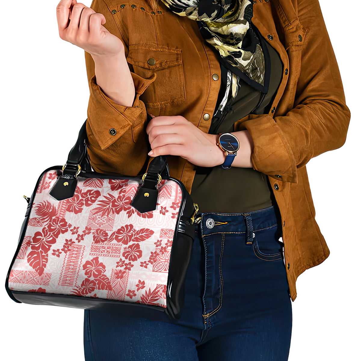 Vintage Hawaii Shoulder Handbag Hibiscus Tapa Tribal With Hawaiian Quilt Pattern Red LT9 - Polynesian Pride