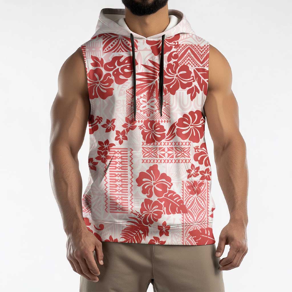 Vintage Hawaii Sleeveless Hoodie Hibiscus Tapa Tribal With Hawaiian Quilt Pattern Red - Polynesian Pride