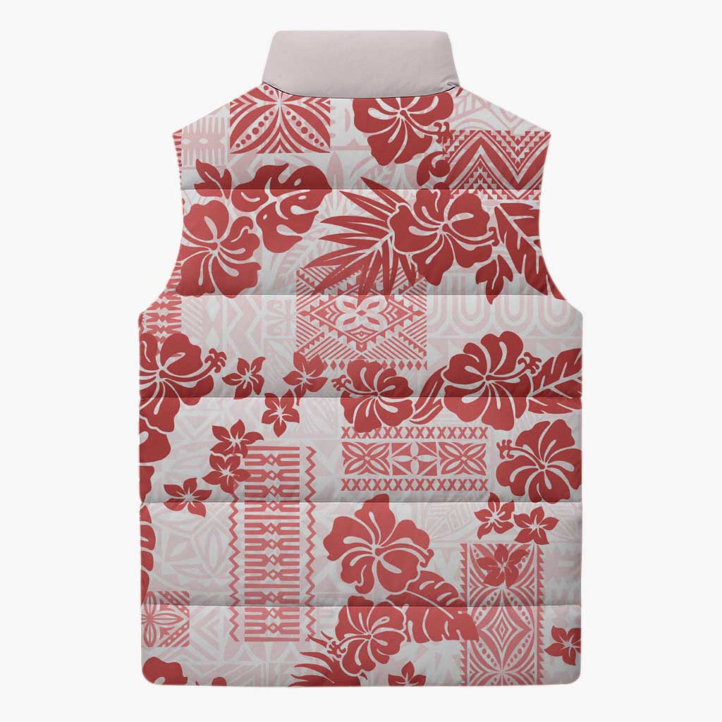 Vintage Hawaii Sleeveless Puffer Jacket Hibiscus Tapa Tribal With Hawaiian Quilt Pattern Red - Polynesian Pride