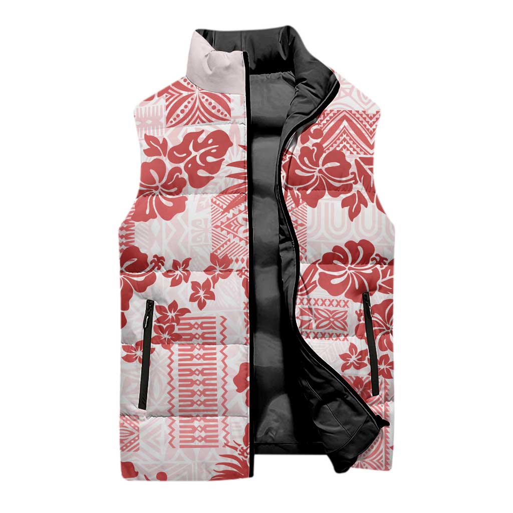 Vintage Hawaii Sleeveless Puffer Jacket Hibiscus Tapa Tribal With Hawaiian Quilt Pattern Red - Polynesian Pride