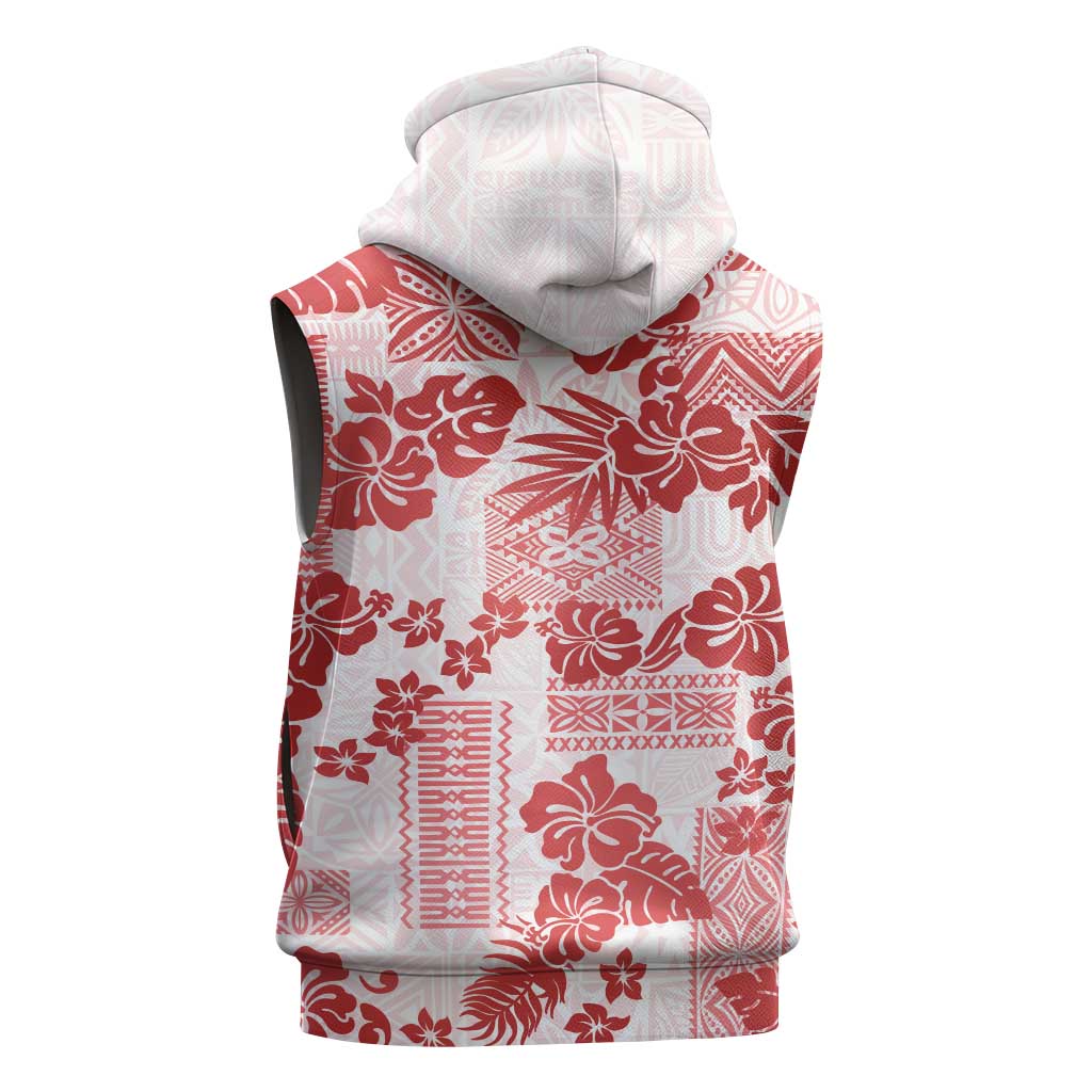 Vintage Hawaii Sleeveless Zip Hoodie Hibiscus Tapa Tribal With Hawaiian Quilt Pattern Red - Polynesian Pride