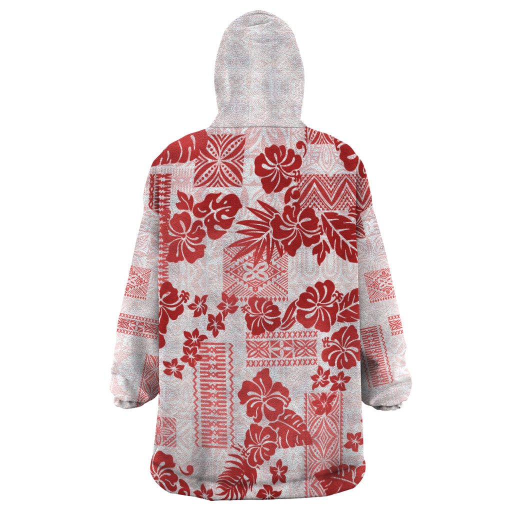 Vintage Hawaii Wearable Blanket Hoodie Hibiscus Tapa Tribal With Hawaiian Quilt Pattern Red LT9 - Polynesian Pride