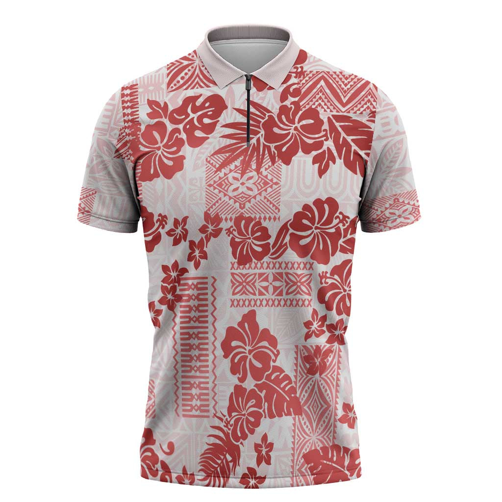 Vintage Hawaii Zipper Polo Shirt Hibiscus Tapa Tribal With Hawaiian Quilt Pattern Red - Polynesian Pride