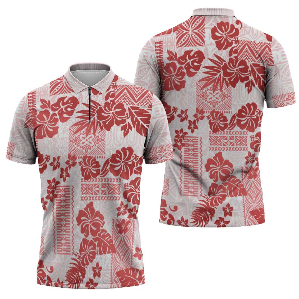 Vintage Hawaii Zipper Polo Shirt Hibiscus Tapa Tribal With Hawaiian Quilt Pattern Red - Polynesian Pride