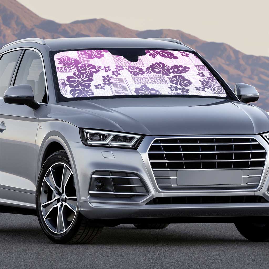 Vintage Hawaii Auto Sun Shade Hibiscus Tapa Tribal With Hawaiian Quilt Pattern Violet - Polynesian Pride