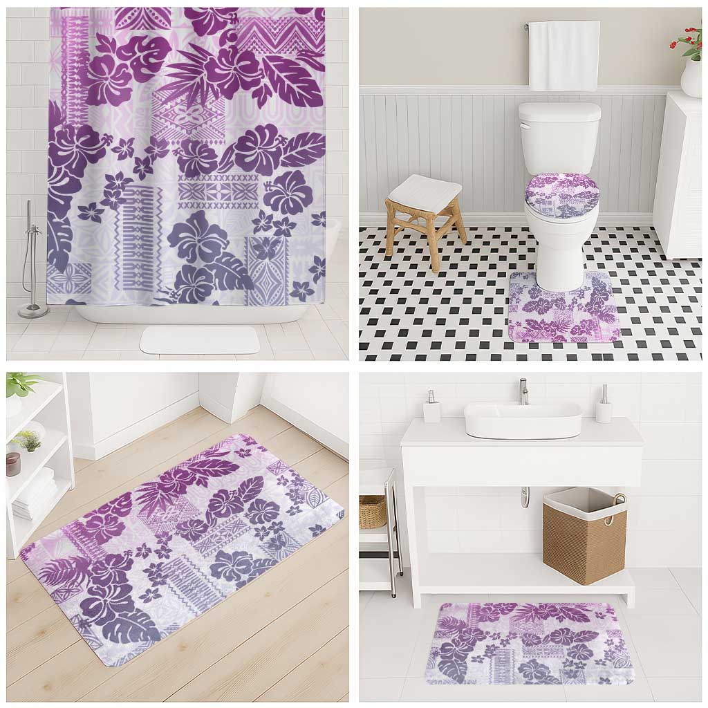 Vintage Hawaii Bathroom Set Hibiscus Tapa Tribal With Hawaiian Quilt Pattern Violet - Polynesian Pride