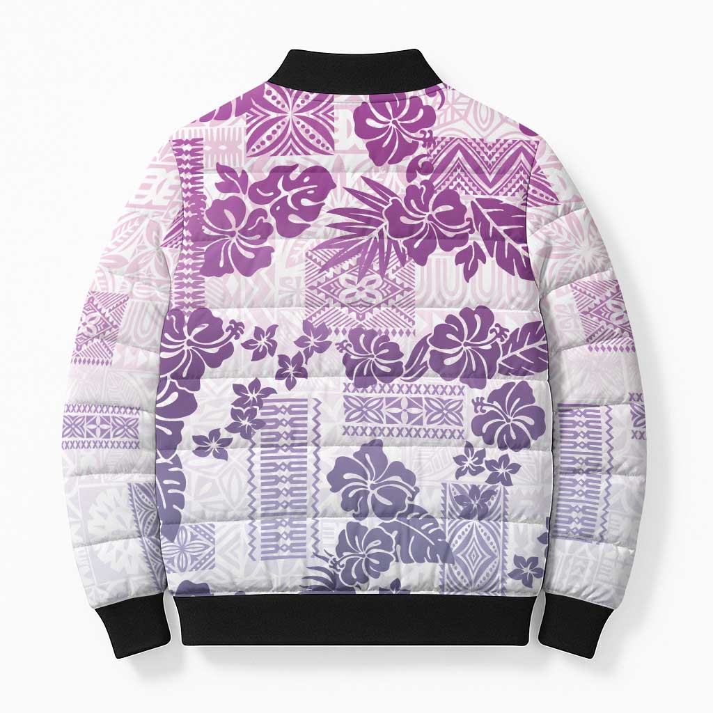 Vintage Hawaii Bomber Puffer Jacket Hibiscus Tapa Tribal With Hawaiian Quilt Pattern Violet - Polynesian Pride