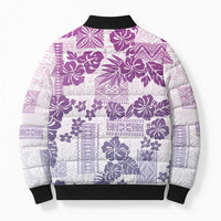 Vintage Hawaii Bomber Puffer Jacket Hibiscus Tapa Tribal With Hawaiian Quilt Pattern Violet - Polynesian Pride