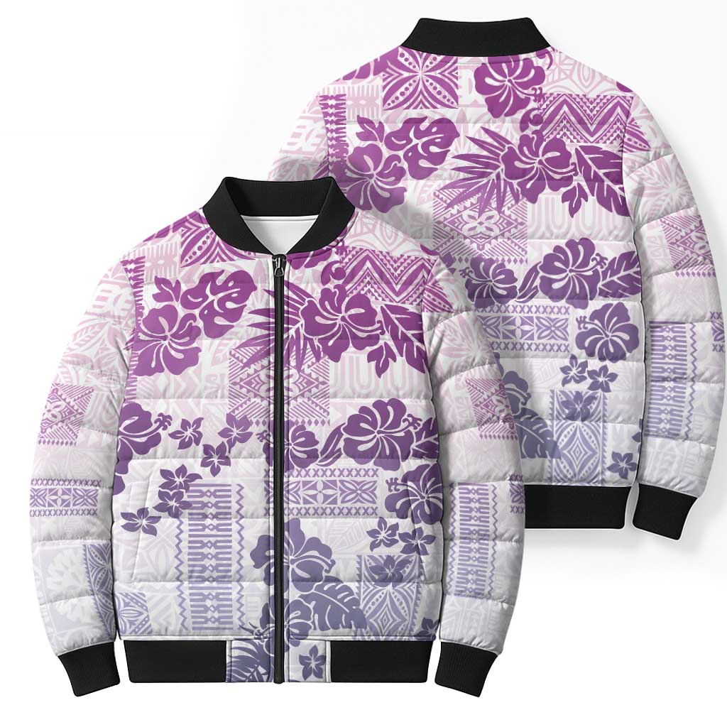 Vintage Hawaii Bomber Puffer Jacket Hibiscus Tapa Tribal With Hawaiian Quilt Pattern Violet - Polynesian Pride