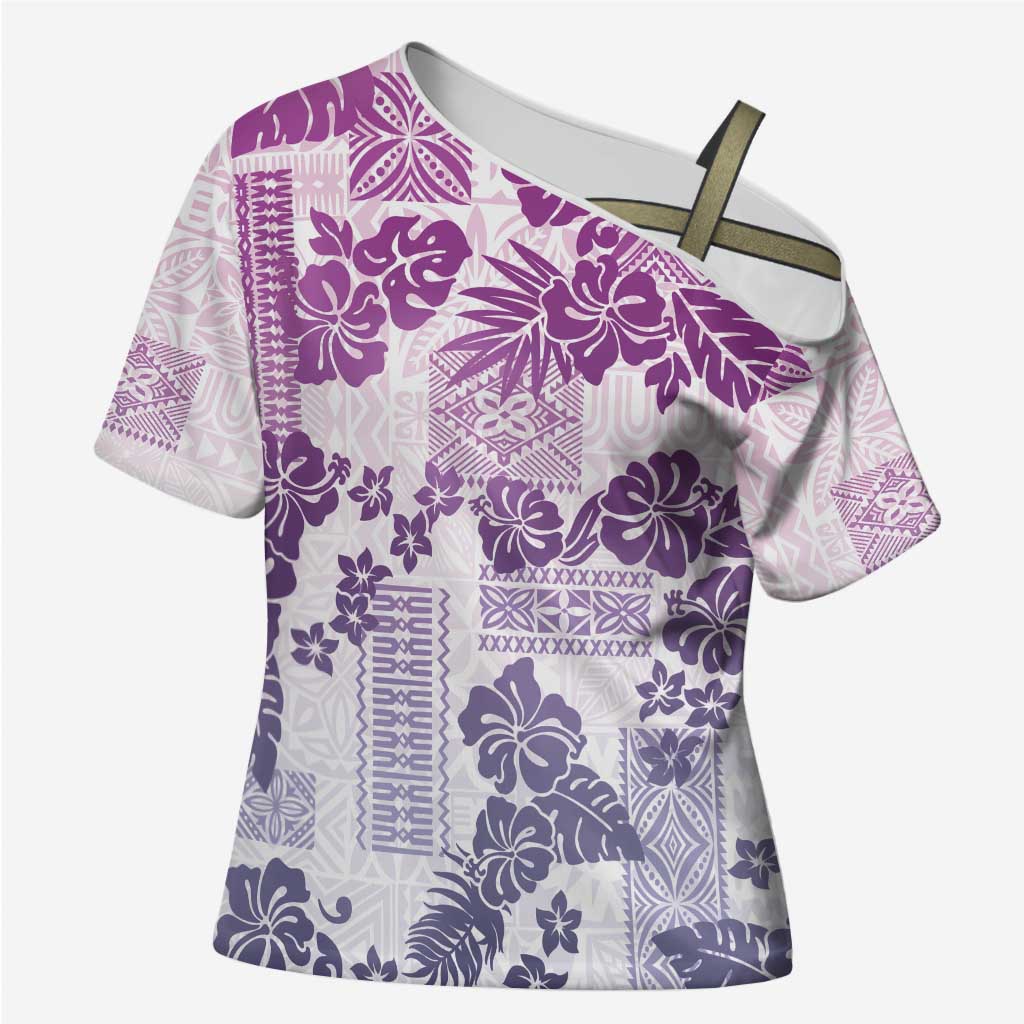Vintage Hawaii Cross Shoulder Shirt Hibiscus Tapa Tribal With Hawaiian Quilt Pattern Violet - Polynesian Pride