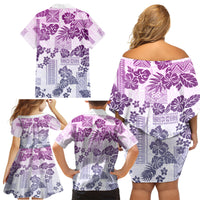 Vintage Hawaii Family Matching Off Shoulder Short Dress and Hawaiian Shirt Hibiscus Tapa Tribal With Hawaiian Quilt Pattern Violet LT9 - Polynesian Pride