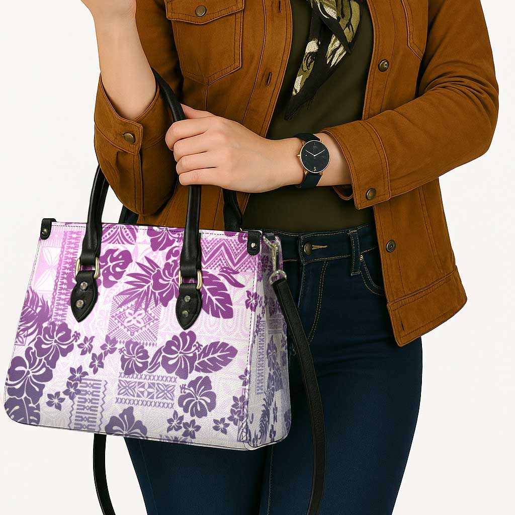 Vintage Hawaii Leather Bag Hibiscus Tapa Tribal With Hawaiian Quilt Pattern Violet - Polynesian Pride