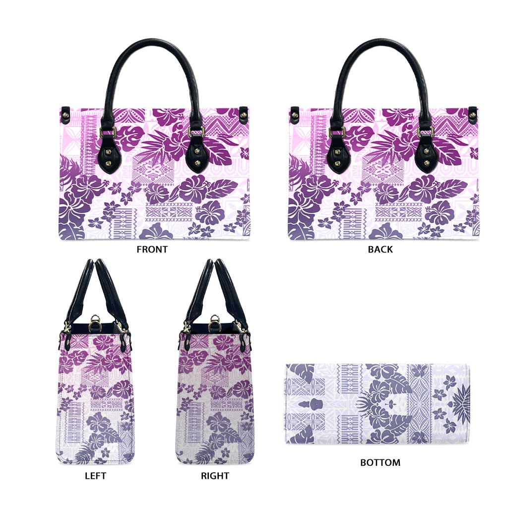 Vintage Hawaii Leather Bag Hibiscus Tapa Tribal With Hawaiian Quilt Pattern Violet - Polynesian Pride
