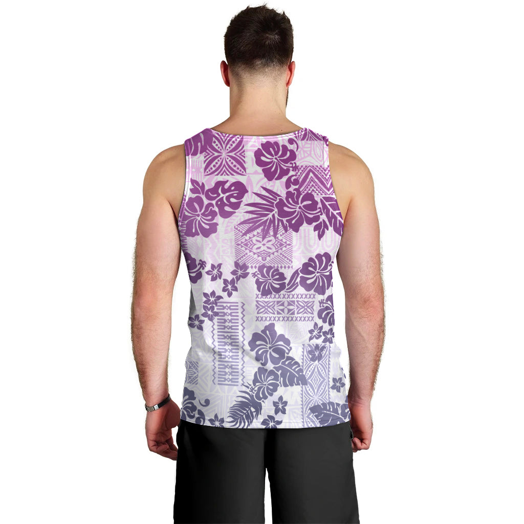 Vintage Hawaii Men Tank Top Hibiscus Tapa Tribal With Hawaiian Quilt Pattern Violet LT9 - Polynesian Pride