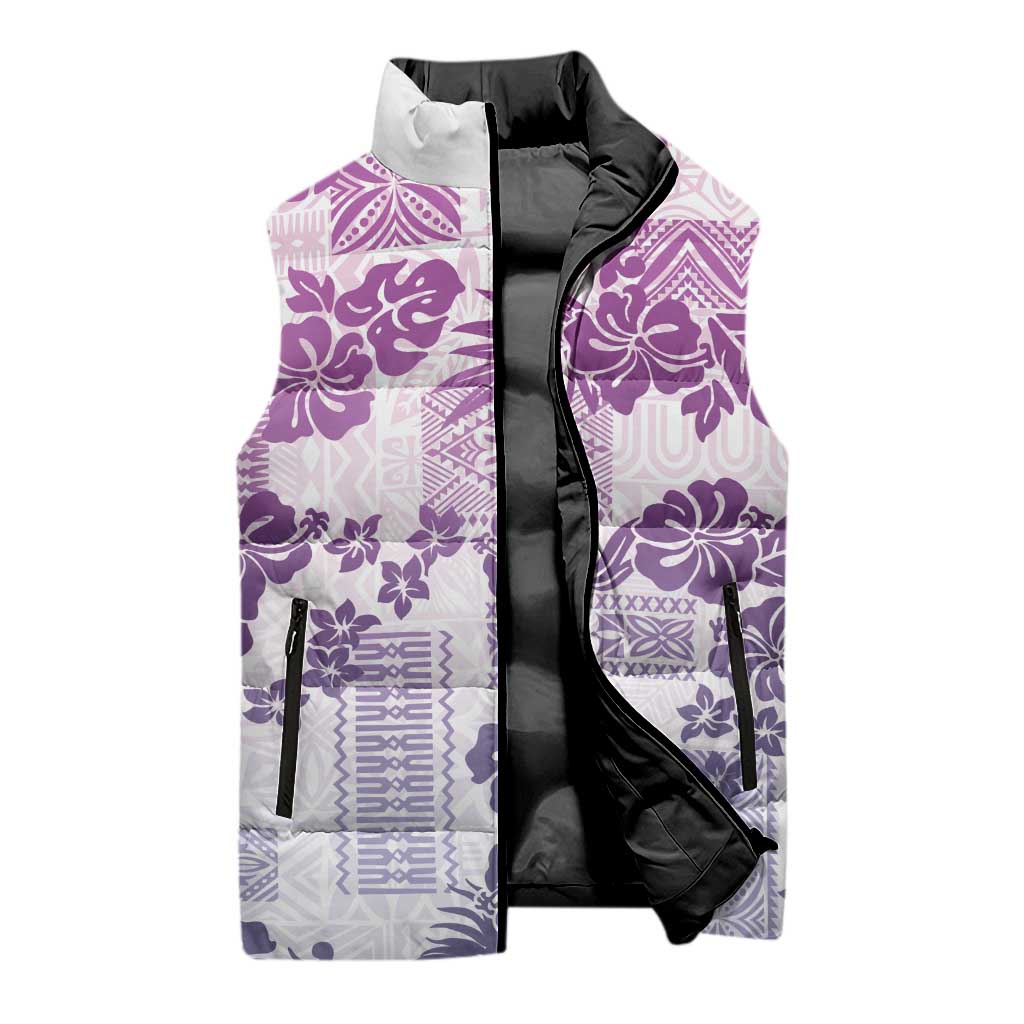 Vintage Hawaii Sleeveless Puffer Jacket Hibiscus Tapa Tribal With Hawaiian Quilt Pattern Violet - Polynesian Pride