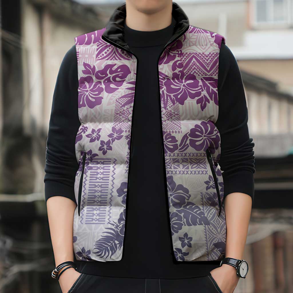 Vintage Hawaii Sleeveless Puffer Jacket Hibiscus Tapa Tribal With Hawaiian Quilt Pattern Violet - Polynesian Pride