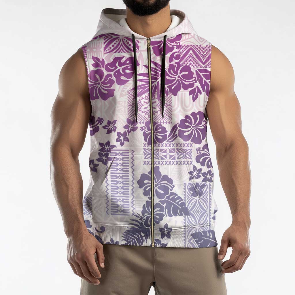 Vintage Hawaii Sleeveless Zip Hoodie Hibiscus Tapa Tribal With Hawaiian Quilt Pattern Violet - Polynesian Pride