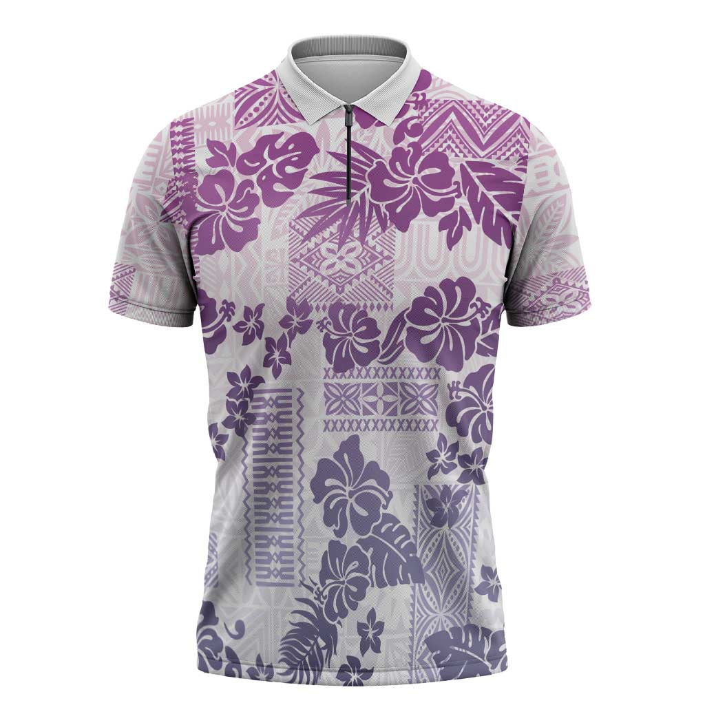 Vintage Hawaii Zipper Polo Shirt Hibiscus Tapa Tribal With Hawaiian Quilt Pattern Violet - Polynesian Pride