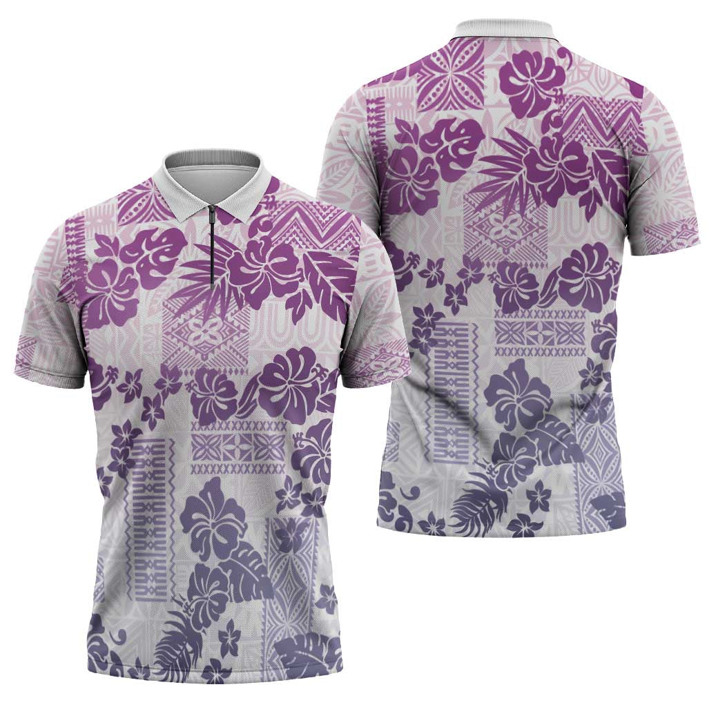 Vintage Hawaii Zipper Polo Shirt Hibiscus Tapa Tribal With Hawaiian Quilt Pattern Violet - Polynesian Pride