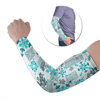 Hawaii Tapa Tribal Arm Sleeves With Hawaiian Quilt Pattern Aqua - Polynesian Pride