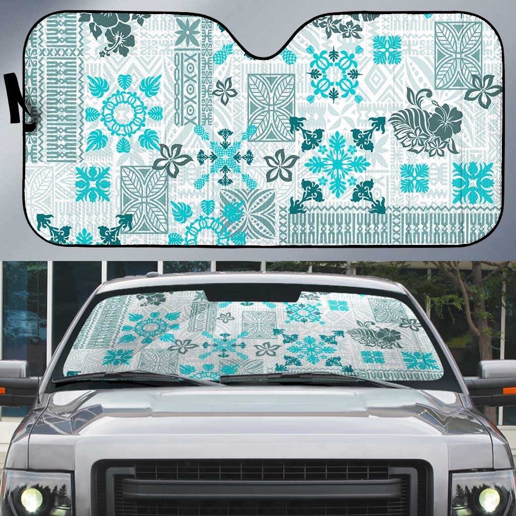 Hawaii Tapa Tribal Auto Sun Shade With Hawaiian Quilt Pattern Aqua - Polynesian Pride