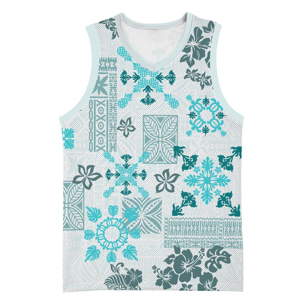 Hawaii Tapa Tribal Basketball Jersey With Hawaiian Quilt Pattern Aqua LT9 Unisex Aqua - Polynesian Pride
