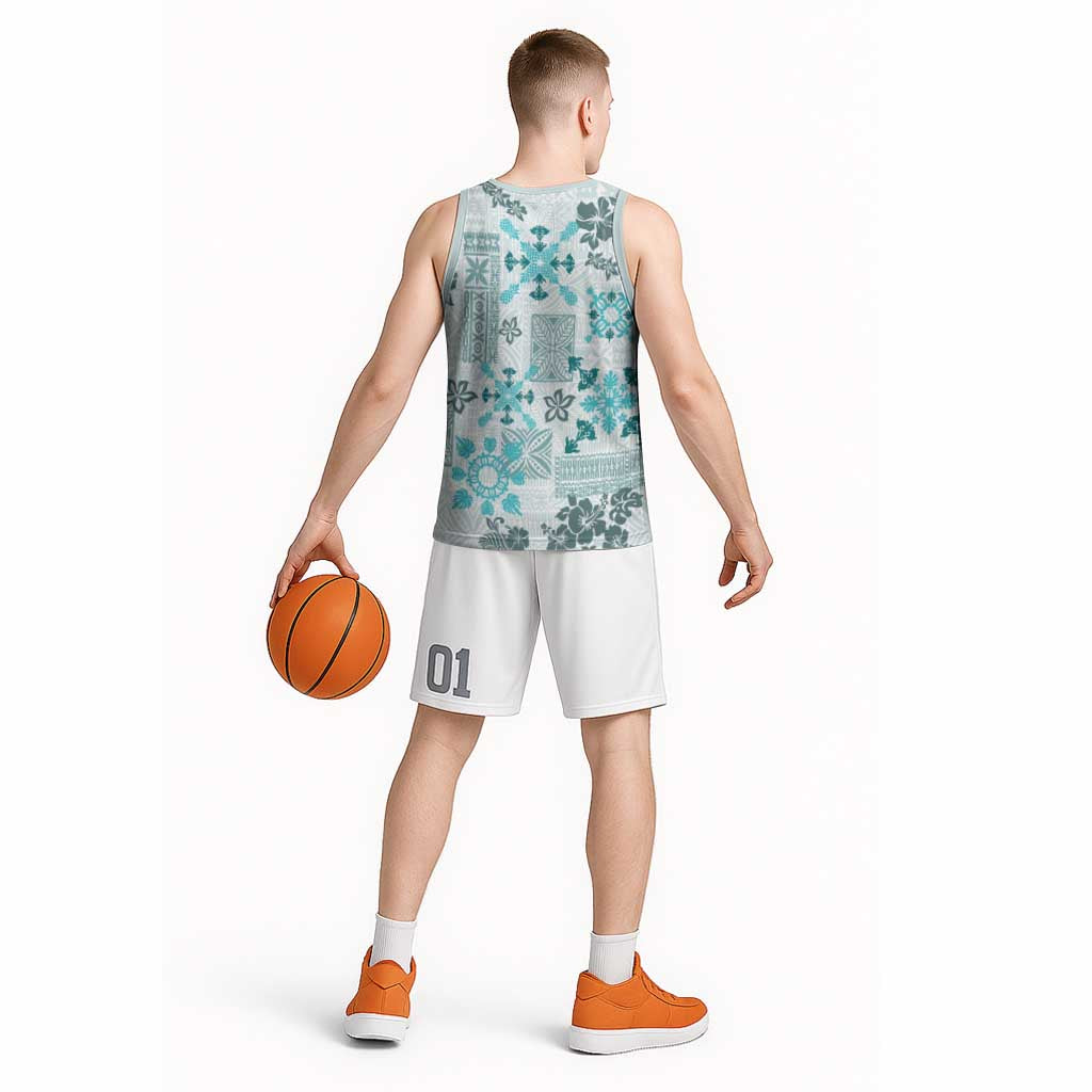 Hawaii Tapa Tribal Basketball Jersey With Hawaiian Quilt Pattern Aqua LT9 - Polynesian Pride