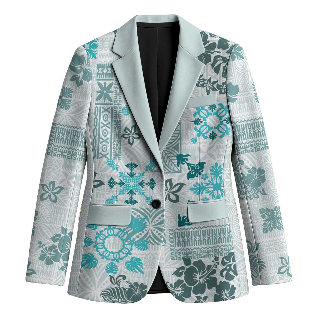Hawaii Tapa Tribal Blazer With Hawaiian Quilt Pattern Aqua - Polynesian Pride