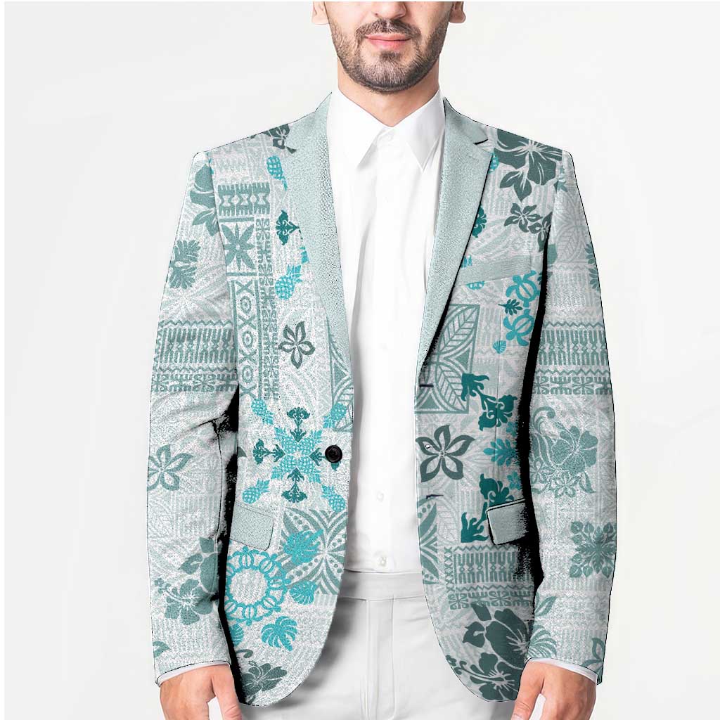 Hawaii Tapa Tribal Blazer With Hawaiian Quilt Pattern Aqua - Polynesian Pride