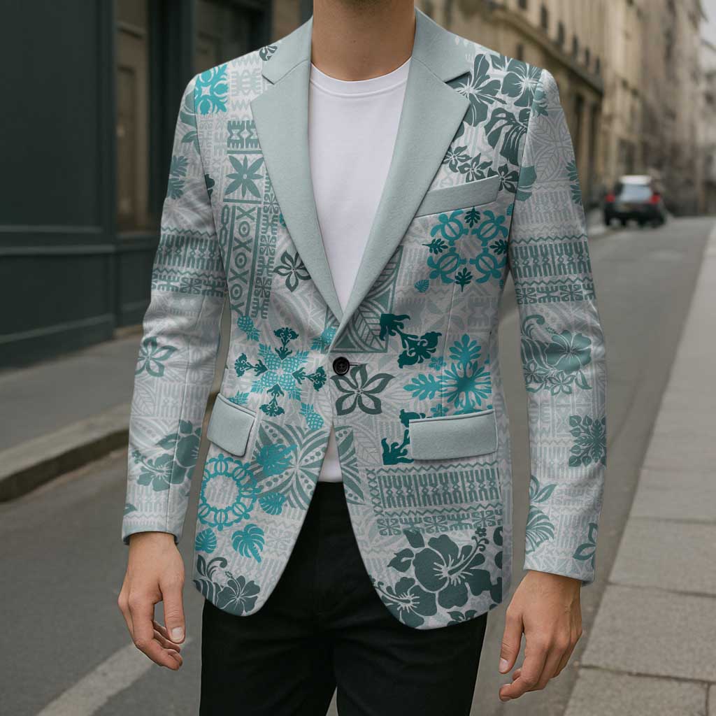 Hawaii Tapa Tribal Blazer With Hawaiian Quilt Pattern Aqua - Polynesian Pride