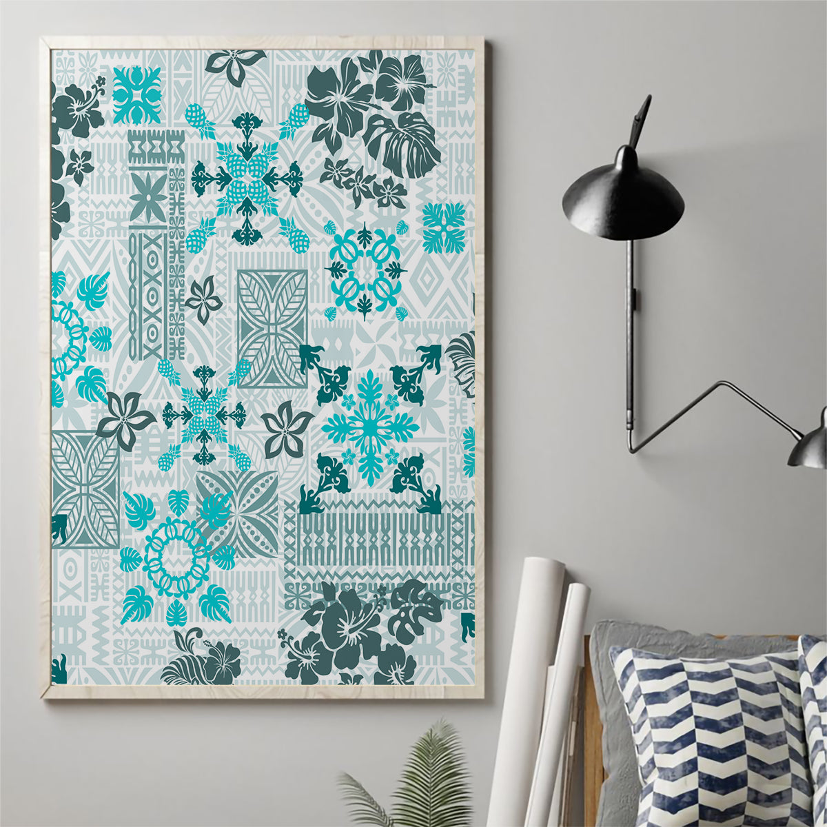 Hawaii Tapa Tribal Canvas Wall Art With Hawaiian Quilt Pattern Aqua LT9 - Polynesian Pride