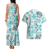 Hawaii Tapa Tribal Couples Matching Tank Maxi Dress and Hawaiian Shirt With Hawaiian Quilt Pattern Aqua LT9 - Polynesian Pride