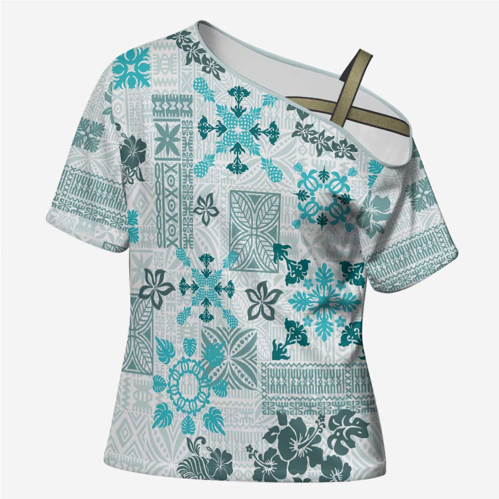 Hawaii Tapa Tribal Cross Shoulder Shirt With Hawaiian Quilt Pattern Aqua LT9 Female Aqua - Polynesian Pride