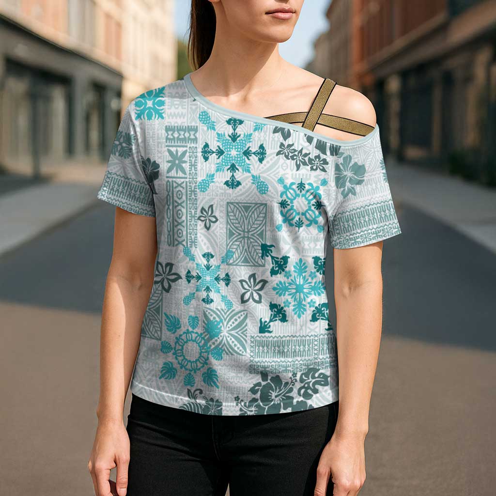 Hawaii Tapa Tribal Cross Shoulder Shirt With Hawaiian Quilt Pattern Aqua LT9 - Polynesian Pride