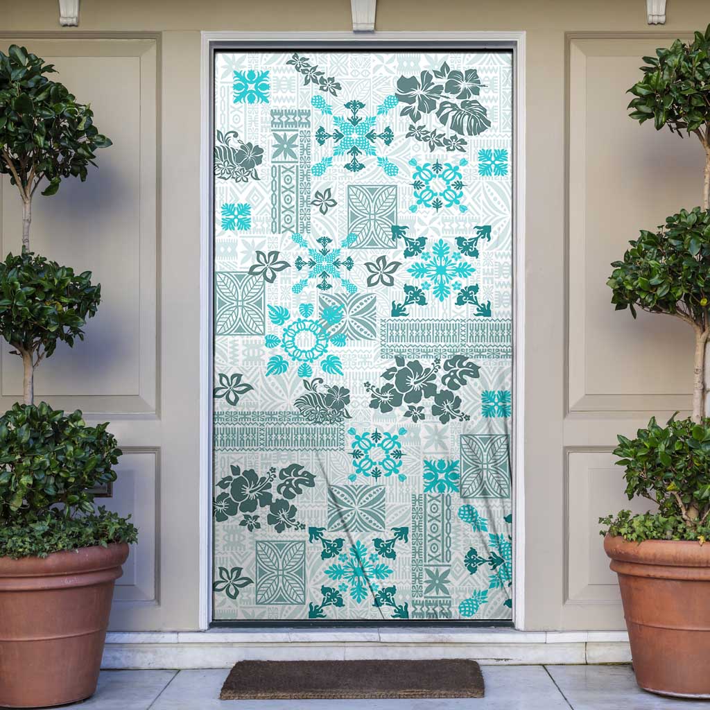 Hawaii Tapa Tribal Door Cover With Hawaiian Quilt Pattern Aqua - Polynesian Pride