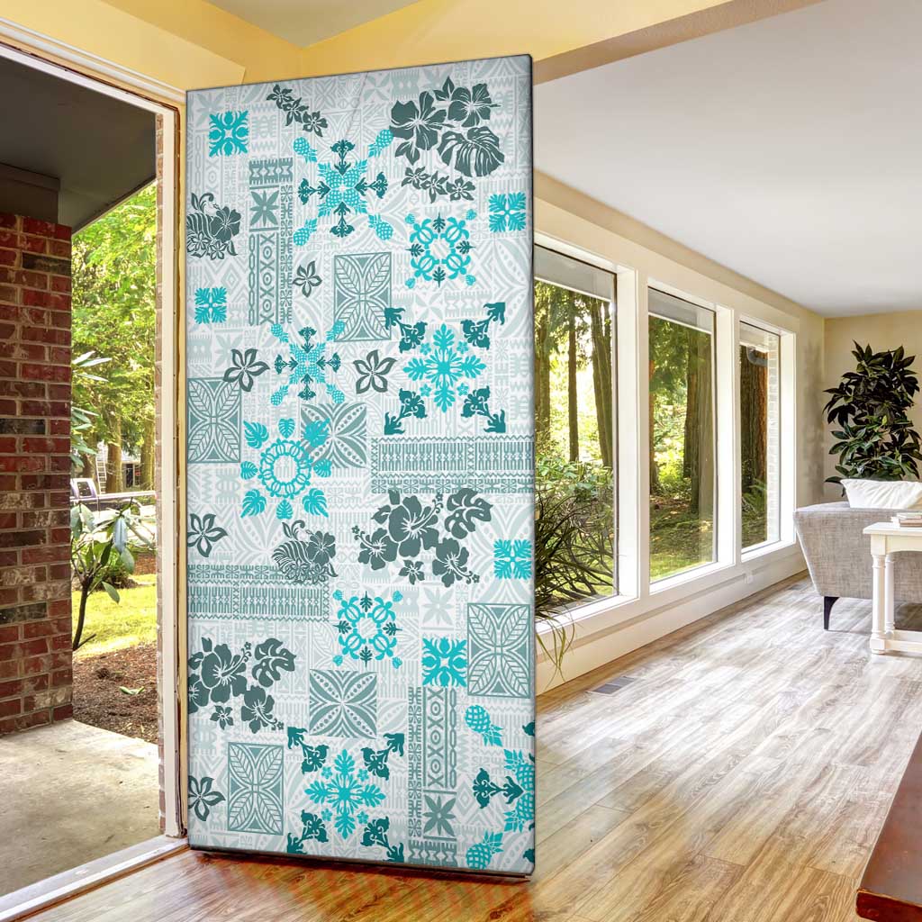 Hawaii Tapa Tribal Door Cover With Hawaiian Quilt Pattern Aqua - Polynesian Pride