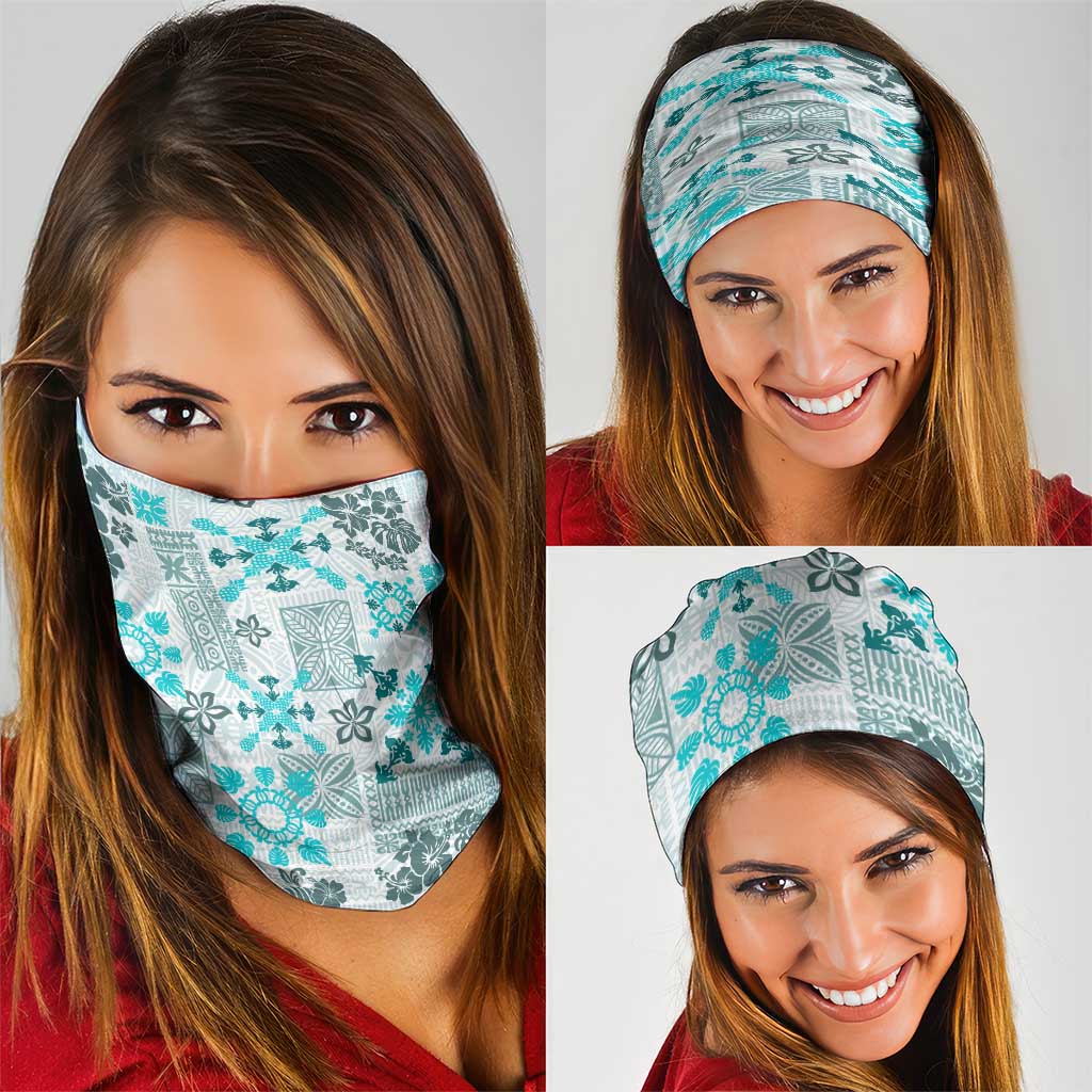Hawaii Tapa Tribal Neck Gaiter With Hawaiian Quilt Pattern Aqua - Polynesian Pride