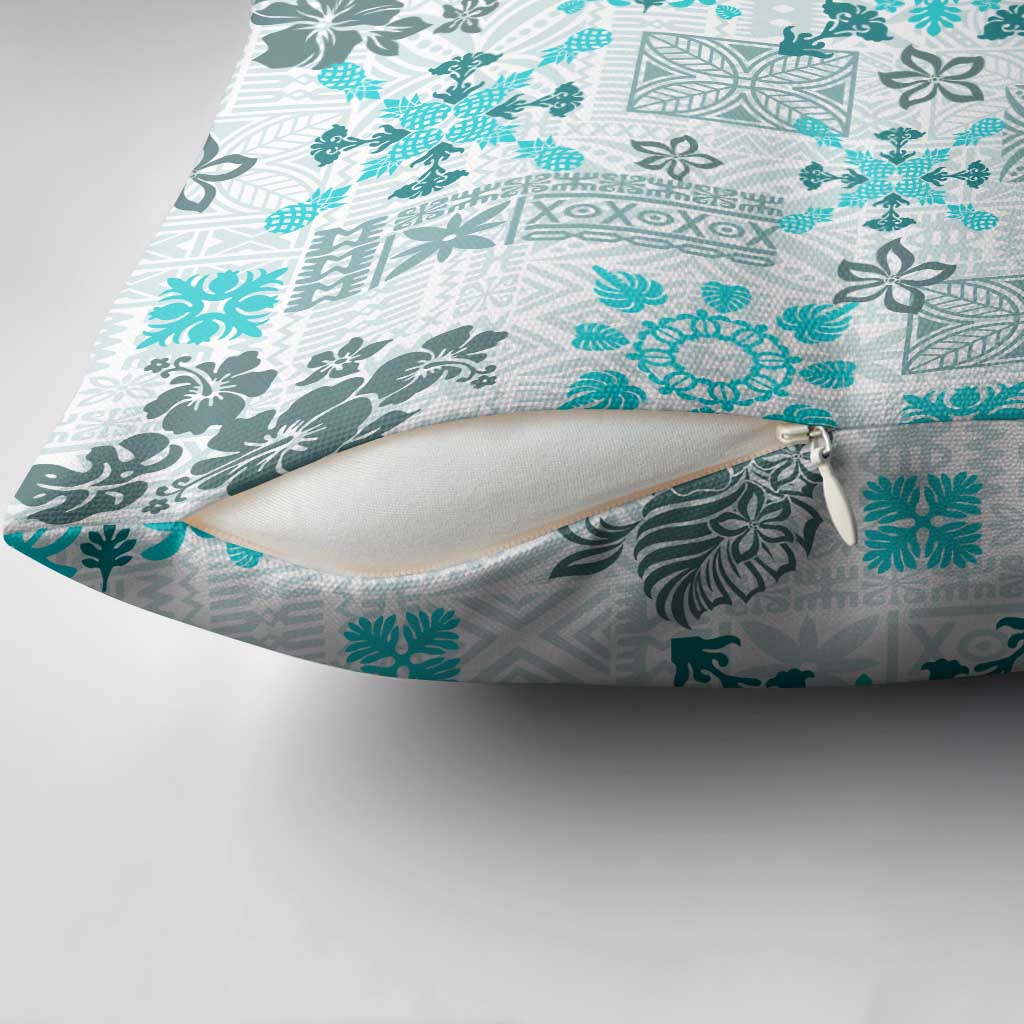 Hawaii Tapa Tribal Pillow Cover With Hawaiian Quilt Pattern Aqua - Polynesian Pride