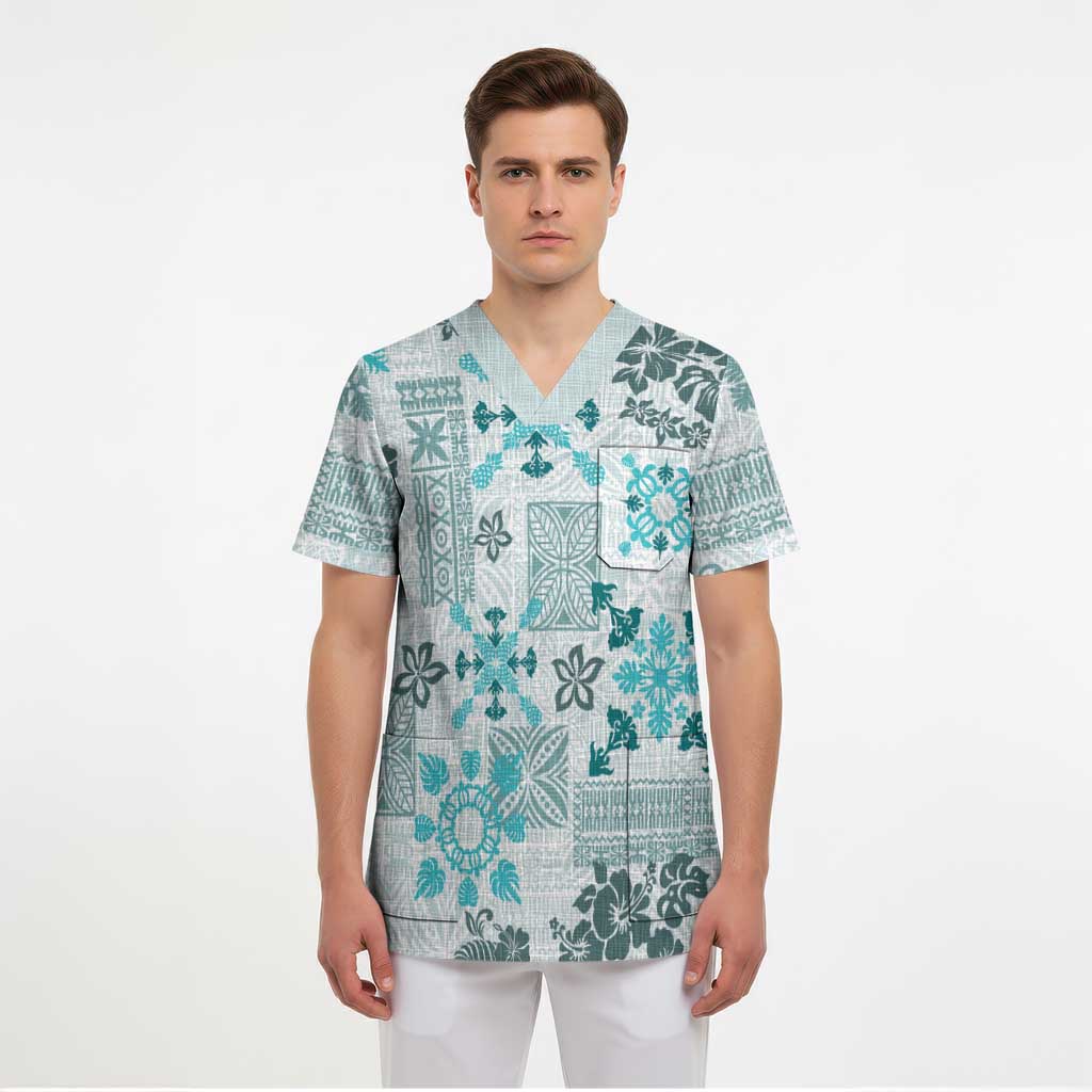 Hawaii Tapa Tribal Scrub Top With Hawaiian Quilt Pattern Aqua - Polynesian Pride