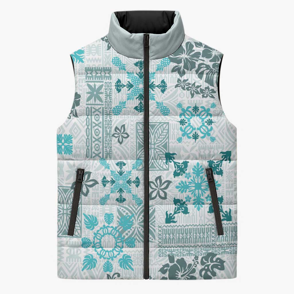 Hawaii Tapa Tribal Sleeveless Puffer Jacket With Hawaiian Quilt Pattern Aqua - Polynesian Pride