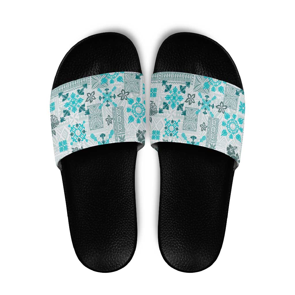 Hawaii Tapa Tribal Slide Sandals With Hawaiian Quilt Pattern Aqua - Polynesian Pride
