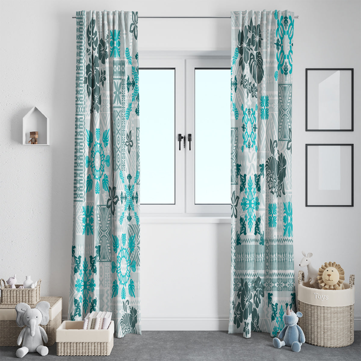 Hawaii Tapa Tribal Window Curtain With Hawaiian Quilt Pattern Aqua LT9 - Polynesian Pride