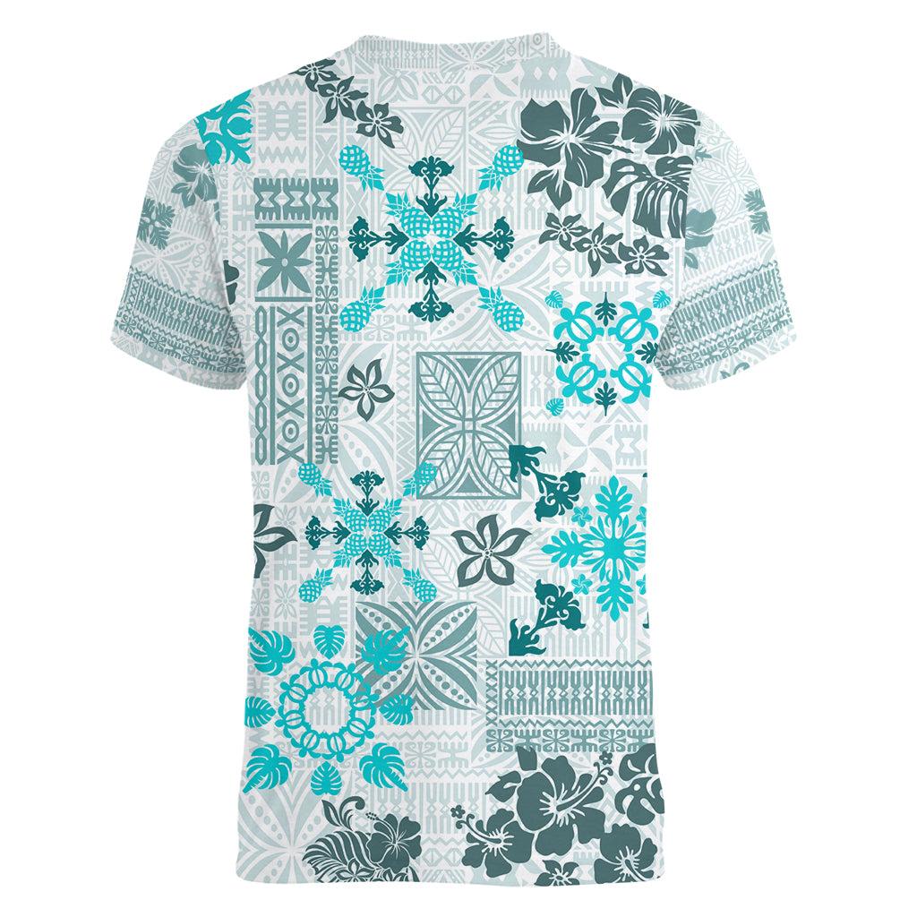 Hawaii Tapa Tribal Women V Neck T Shirt With Hawaiian Quilt Pattern Aqua LT9 - Polynesian Pride