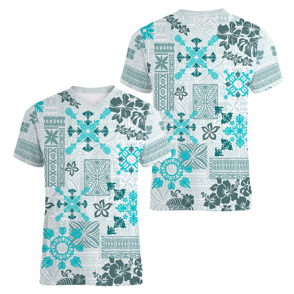 Hawaii Tapa Tribal Women V Neck T Shirt With Hawaiian Quilt Pattern Aqua LT9 - Polynesian Pride