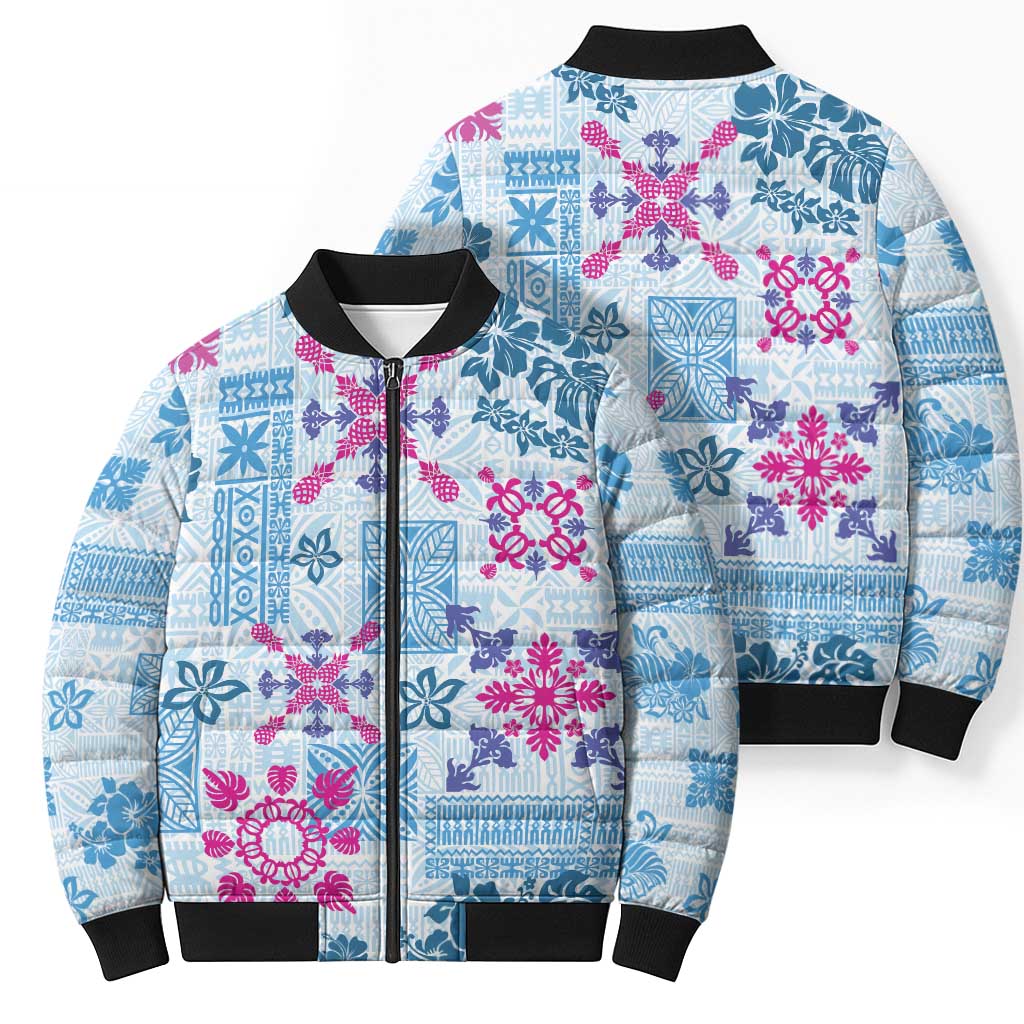 Hawaii Tapa Tribal Bomber Puffer Jacket With Hawaiian Quilt Pattern Blue - Polynesian Pride