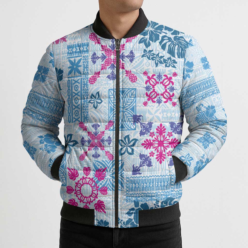 Hawaii Tapa Tribal Bomber Puffer Jacket With Hawaiian Quilt Pattern Blue - Polynesian Pride
