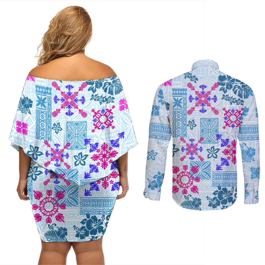 Hawaii Tapa Tribal Couples Matching Off Shoulder Short Dress and Long Sleeve Button Shirt With Hawaiian Quilt Pattern Blue LT9 - Polynesian Pride